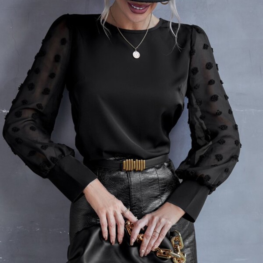 Black Swiss Dot Sheer Sleeve Chic Blouse Work Minimalist - Picture 1 of 7